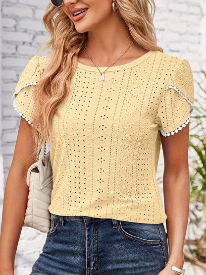 Women'S Elegant Blouse - Soft Pink Round Neck T-Shirt with Floral-like eyelet details, Breathable Loose Fit Top for Casual & Formal Outfits - Everyday Summer Shirt for Women, Ladies T Shirts, Versatile Clothing, Feminine Styl