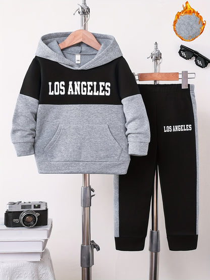 2pcs Boys' Autumn/Winter Fleece-Lined Hooded Sweatshirt and Pants Set, Simple Letter Print Fashion Classic Outfit for Outdoor Sports and Casual Wear, 100% Polyester Knit Stretch Fabric, Ideal Gift Choice for Kids, Perfect for