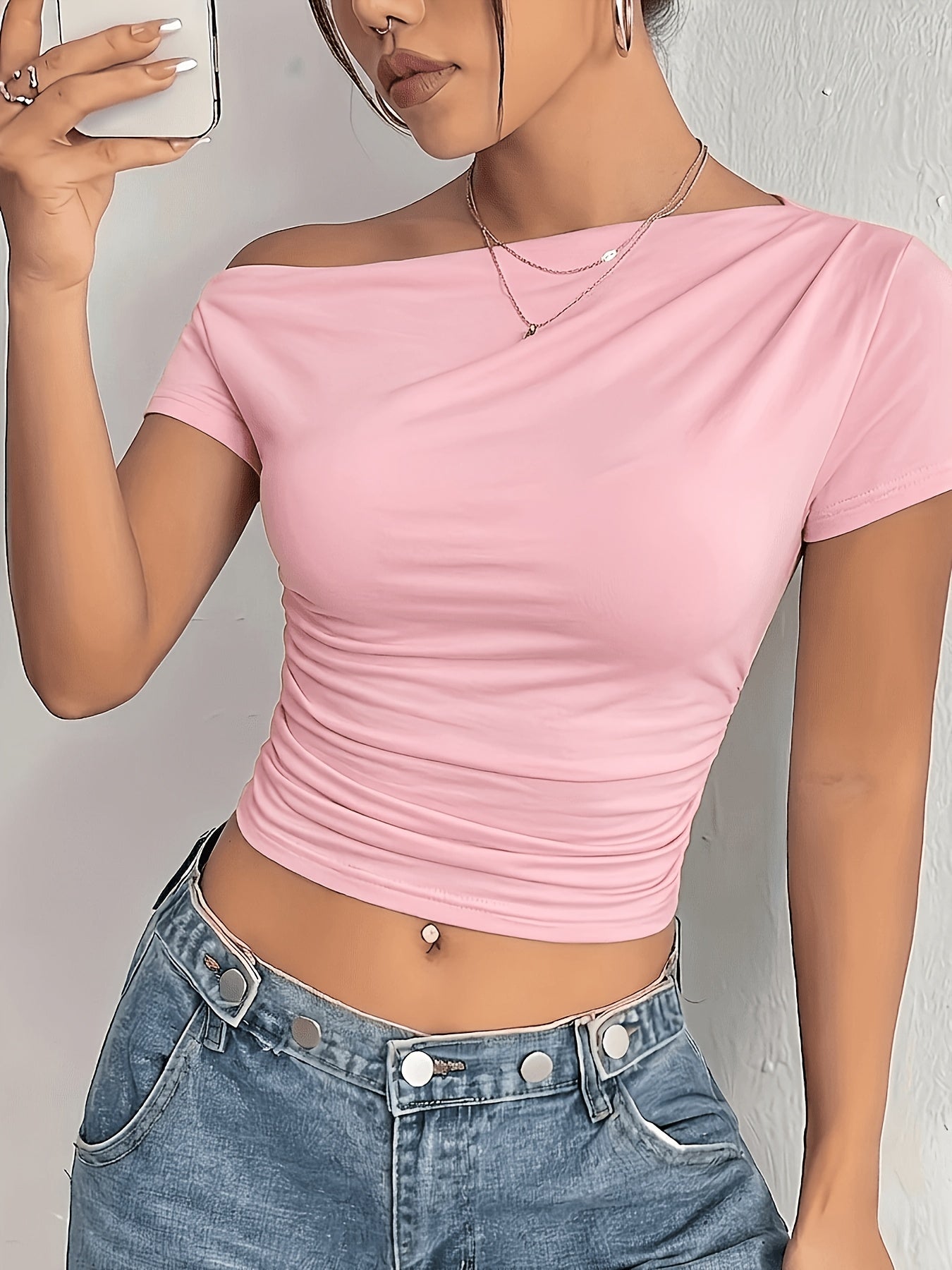 Elegant Off-Shoulder Asymmetrical Knit T-Shirt for Women