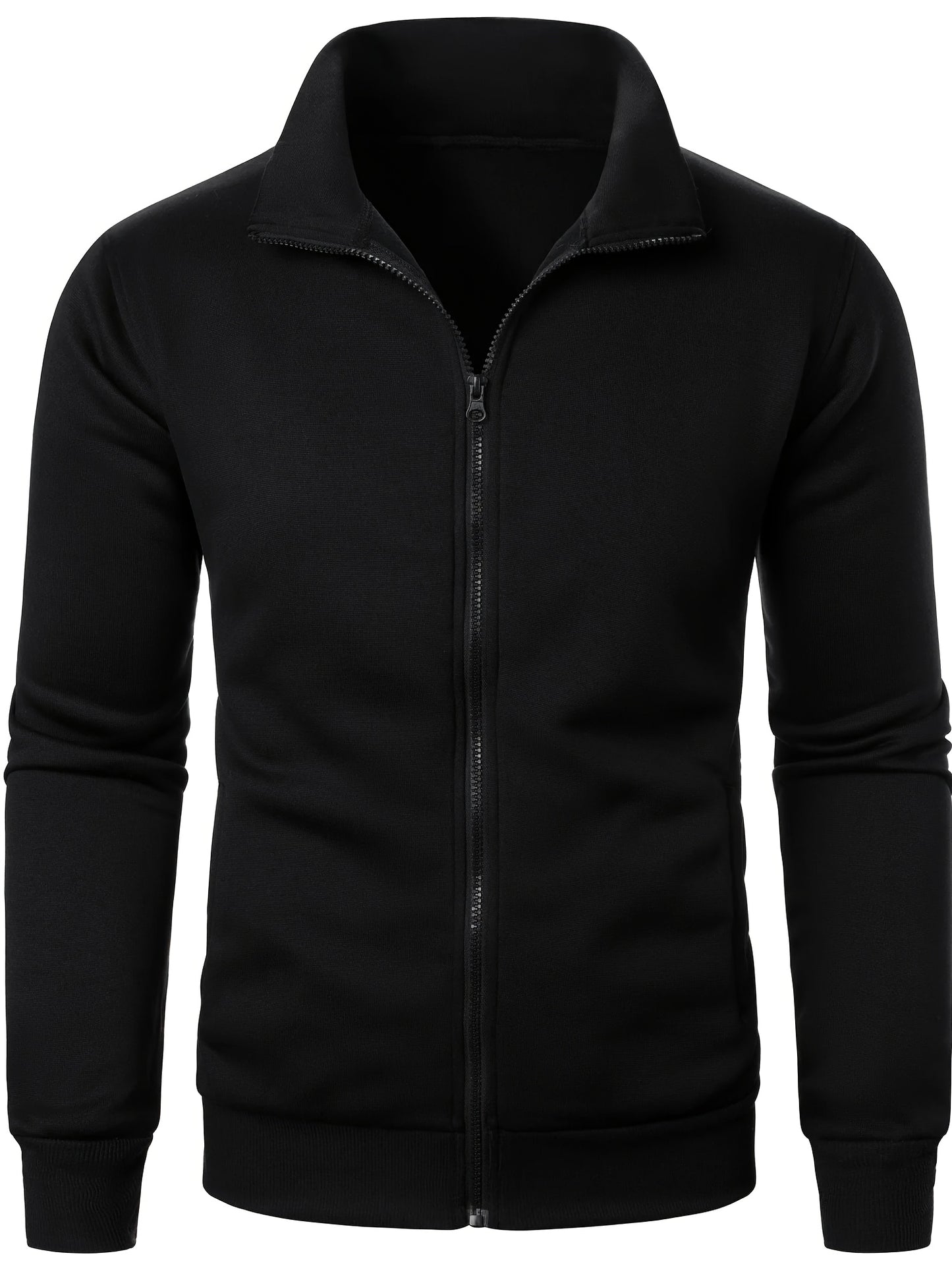 Men'S Slim-Fit Fleece-Lined Zip-Up Hoodie - Warm Long Sleeve Casual Jacket with Stand Collar, Solid Color, Polyester Lining, Pockets, Regular Fit for Fall/Winter, Winter Hoodie, Autumn Outerwear, Sleek Design, Durable Fabric,