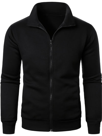 Men'S Slim-Fit Fleece-Lined Zip-Up Hoodie - Warm Long Sleeve Casual Jacket with Stand Collar, Solid Color, Polyester Lining, Pockets, Regular Fit for Fall/Winter, Winter Hoodie, Autumn Outerwear, Sleek Design, Durable Fabric,
