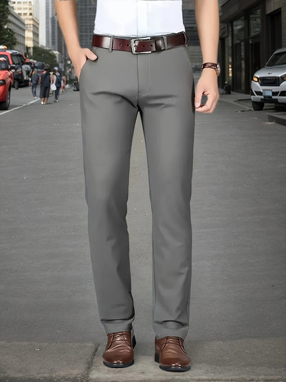 Men's Sleek Stretch Dress Pants - Solid Color Black, Comfort Fit with Subtle Stretch, Polyester Fabric, Mid-Rise, Machine Washable, Perfect for Business Casual & All-Season Wear, Business Casual Pants | Sleek Trousers | Easyc