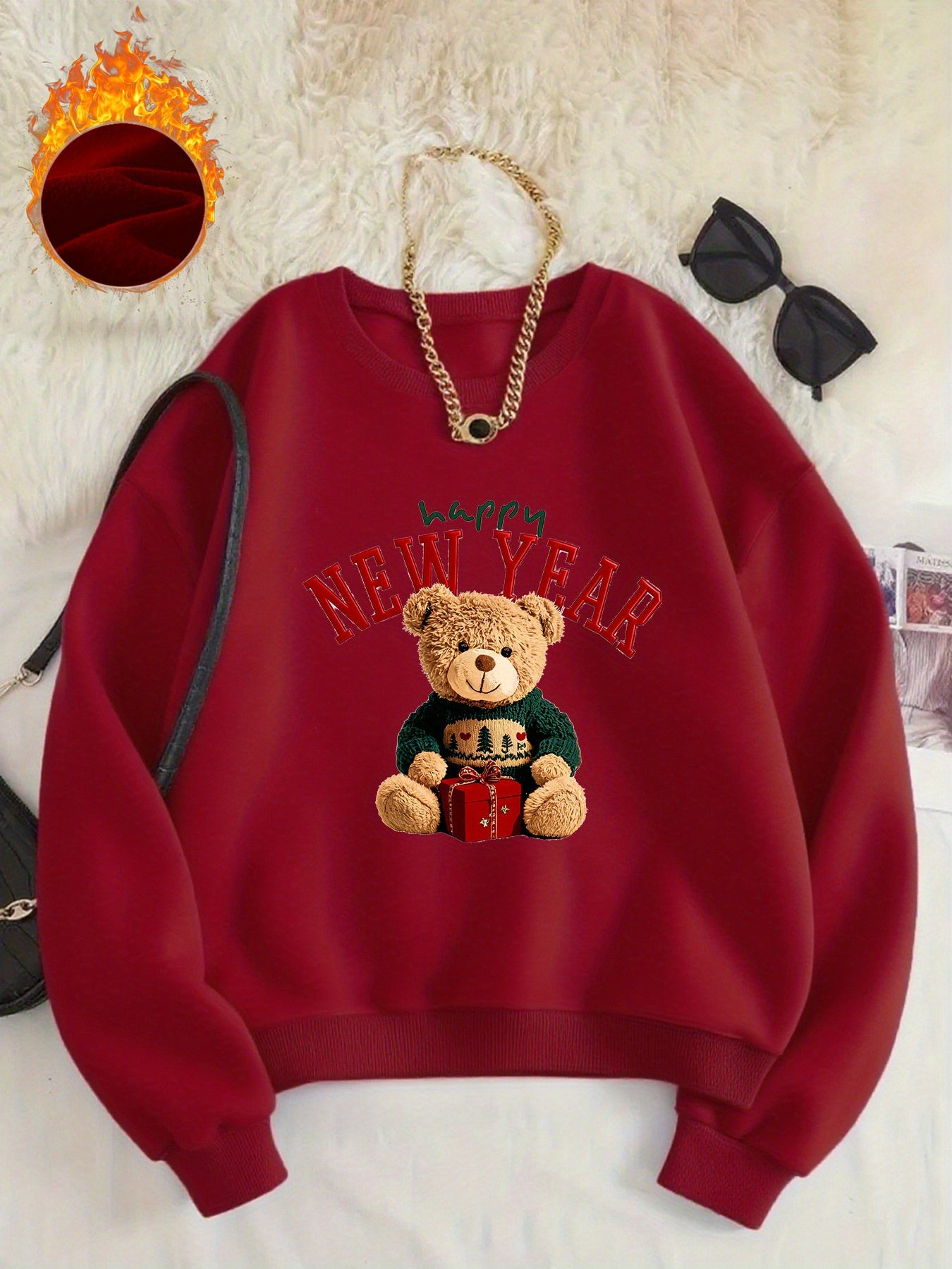 -Lined Women's Crewneck Pullover, Casual Printed Versatile Sweatshirt, Multiple Colors Available