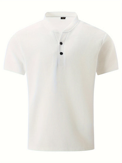 Men's Solid Waffle Stand Collar Short Sleeve Golf Shirts, Casual Style Slight Stretch Regular Fit Summer Tops, Summer Golf Shirts