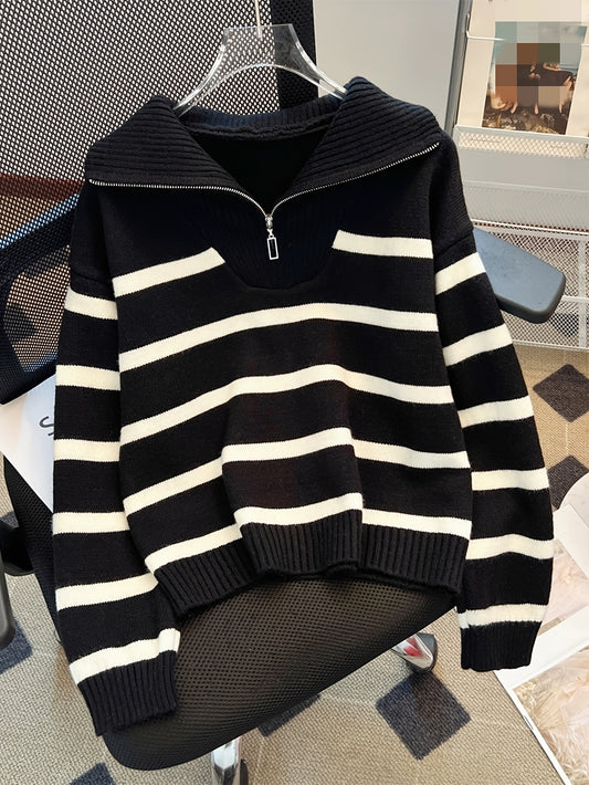 Elegant Striped Zip-Up Knit Sweater - Cozy Acrylic & Polyester Blend, Perfect for Fall/Winter, Cozy Sweater