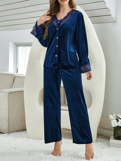 Women'S Elegant Autumn/Winter Soft Comfortable Korean Velvet Pajama Set with Lace Trim, V-Neck, Long Sleeve, Solid Color, Adult Pajama Suit, No Belt, Long Pants, Knitted Fabric