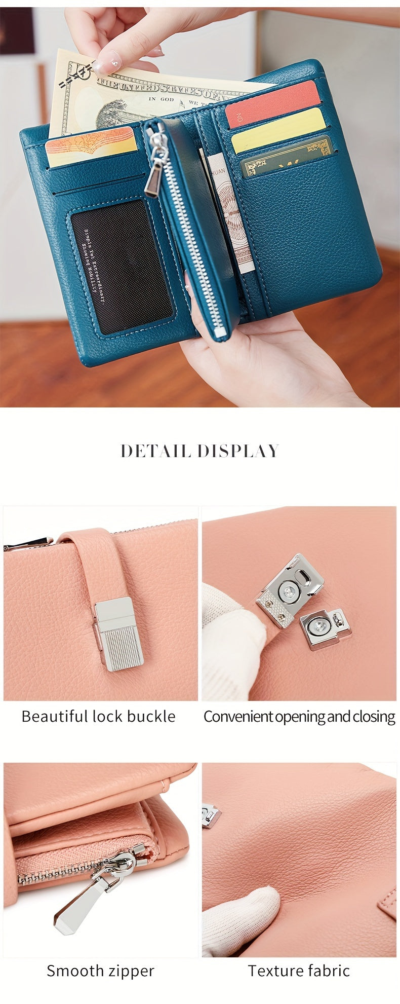 A Compact Trifold Wallet Made of Soft PU in a Solid Color, Featuring Metal Accents. It Includes a Zippered Coin Pocket, Card Slots, And an ID Window, Suitable for Credit Cards, ID Cards, Cash, And Coins. This Modern, Lightwei