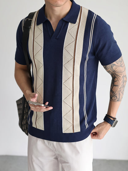 Men's Breathable Knit Short Sleeve Shirt with Stripe Color Block