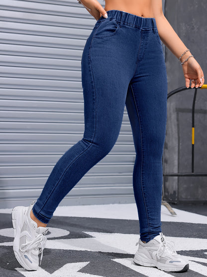 Women's Fashionable Dark Blue Skinny Jeans - Stretch Denim with Elastic Waistband, Comfortable and Elegant, Non-Transparent Blend