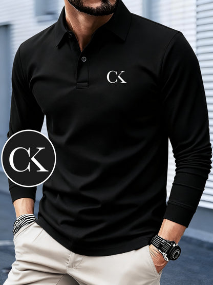 Men's Long Sleeve Polo Shirt with Stylish Letter Print