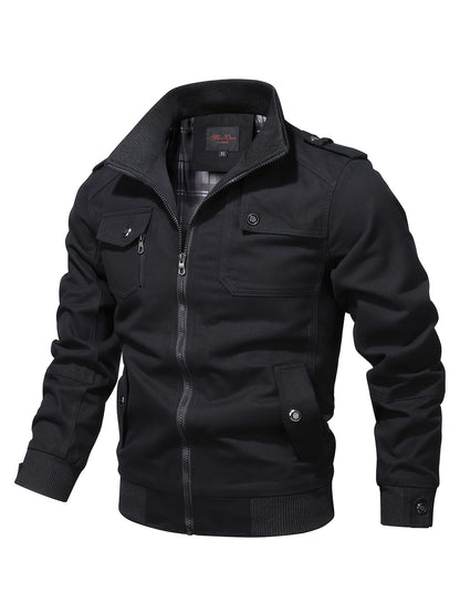 Men's Casual Bomber Jacket, Cotton Stand Collar Windbreaker Jacket With Pockets For Fall Winter