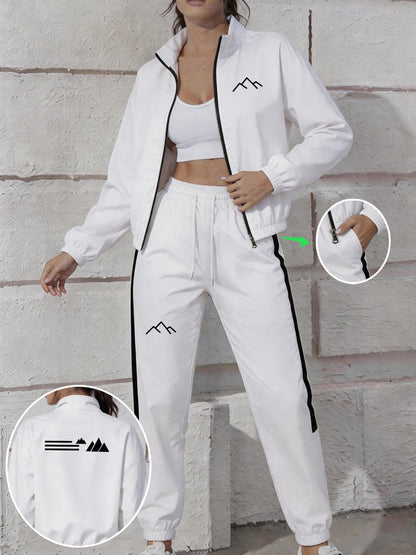 Women's Spring/Fall Trench Coat and Trousers Set with Print