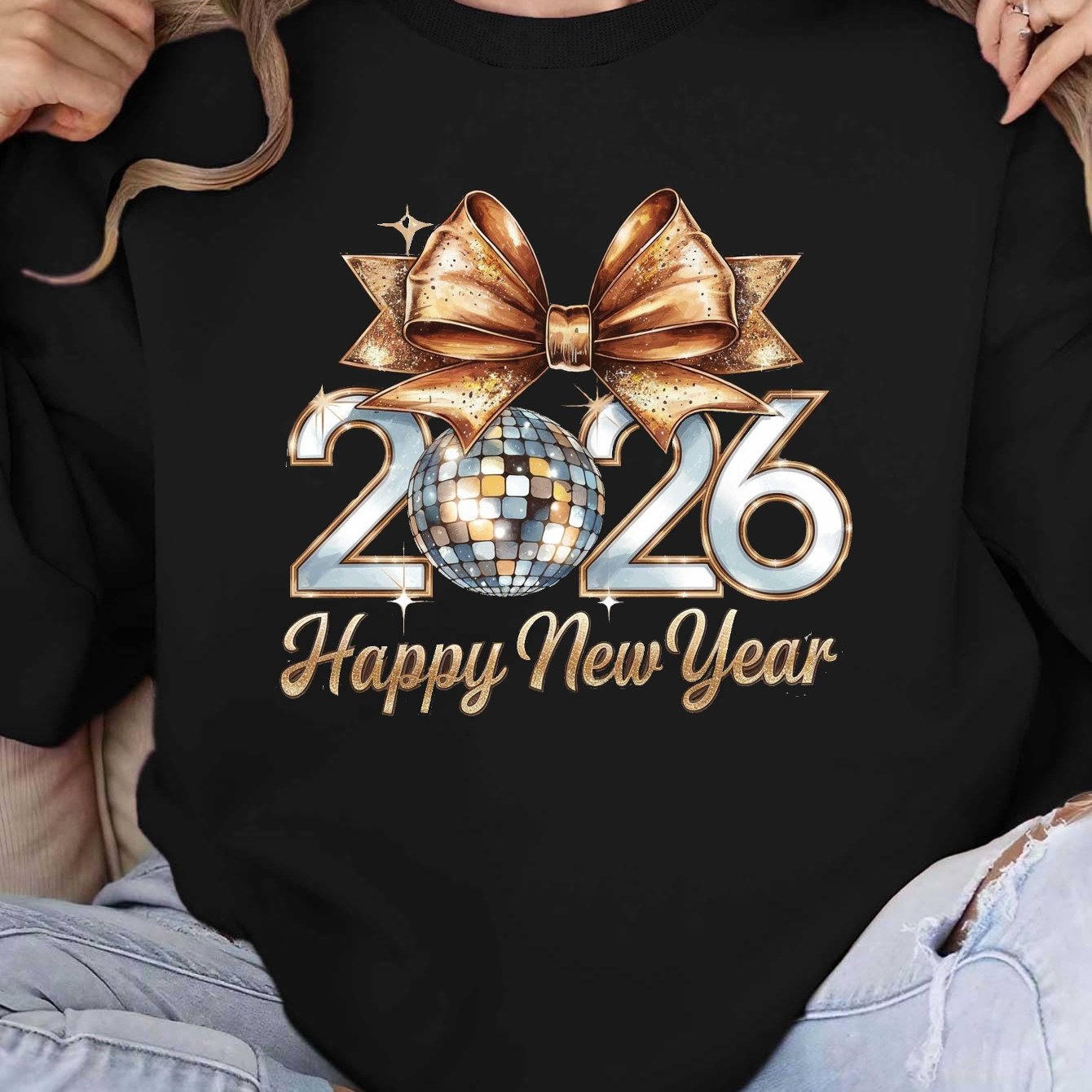 Women'S 2026 Happy New Year Disco Ball Sweatshirt - Black with Golden Glitter & Bow Graphic, Cozy Round Neck Long Sleeve Casual Pullover for Winter, Festive Party Outfit & Casual Attire, New Year Shirt, Yorkshire Terrier Swea