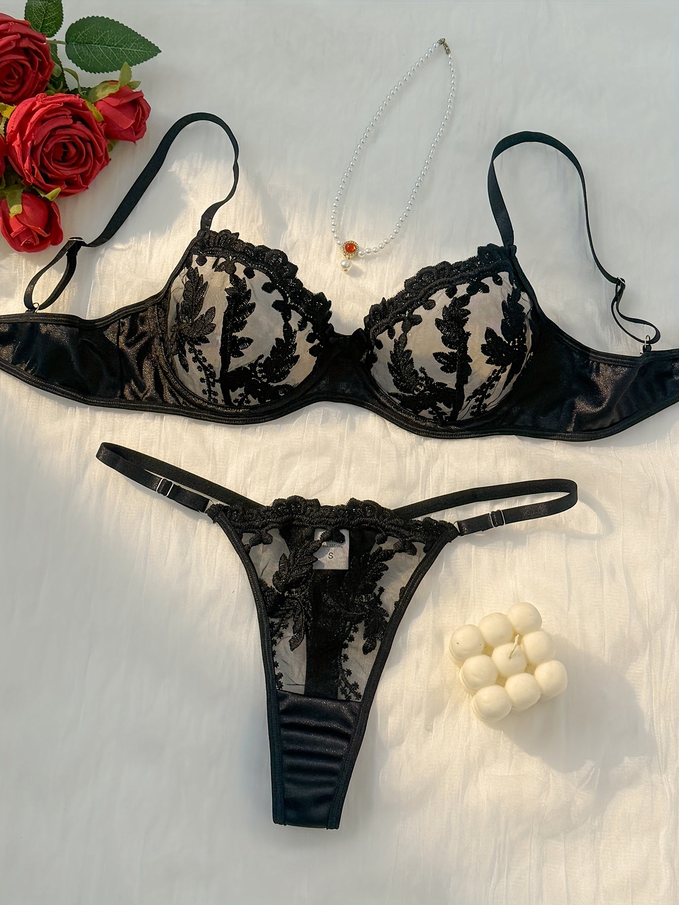 Elegant Wine Red Embroidered Lingerie Set with Thong