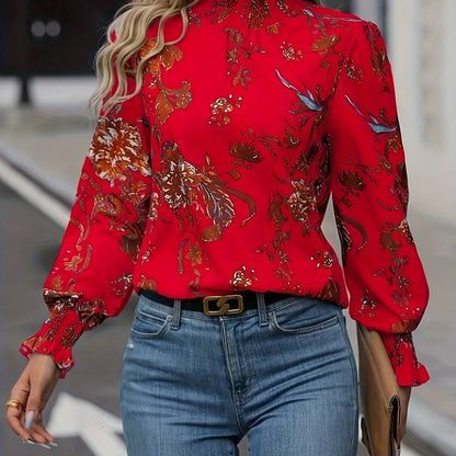 Women's Elegant Chinese-Inspired Peony & Bird Floral Print Blouse - Red High Neck Long Sleeve Shirt with Ruffled Collar &, Wrinkle-Resistant Machine Washable All-Season Top for, Wedding Guest, Casual Outfits (Non-