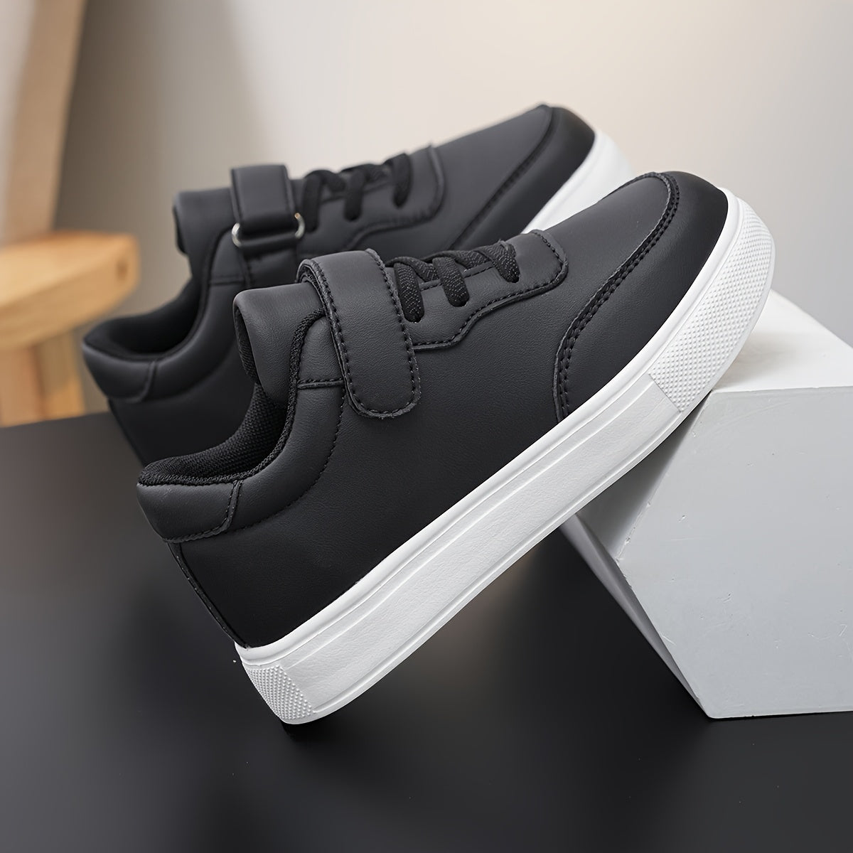 Kids Glossy PU Sports Shoes with Hook-and-Loop Closure