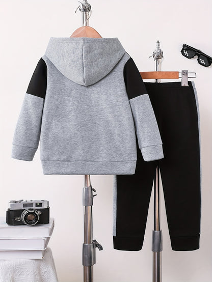 2pcs Boys' Autumn/Winter Fleece-Lined Hooded Sweatshirt and Pants Set, Simple Letter Print Fashion Classic Outfit for Outdoor Sports and Casual Wear, 100% Polyester Knit Stretch Fabric, Ideal Gift Choice for Kids, Perfect for