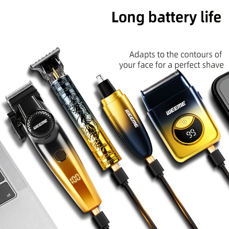 WEEME 4pcs Hair Clipper for Men Set, Cordless Electric Hair Clipper, T-Shaped Beard Trimmer & Nose Hair Trimmer, Electric Shaver, Professional Haircutting and Beauty Kit for Men Grooming, Home Barber Use, Precision Styling To
