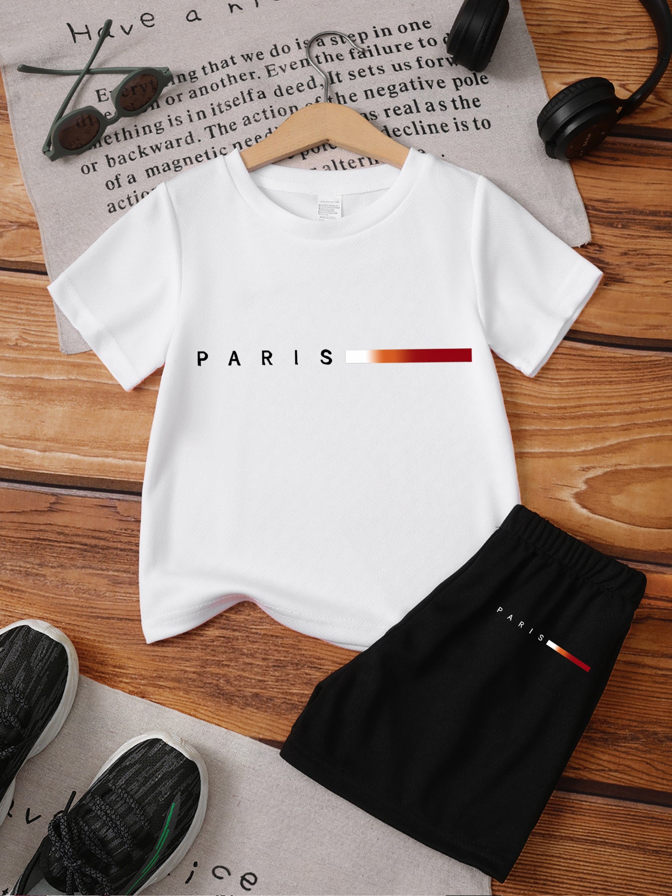 Boys' Summer Casual Striped T-Shirt & Shorts Set, Lightweight Polyeste