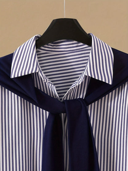 Gavin 2pcs/Set Women'S Striped Shirt with Shawl Collar And High-Waisted Wide Leg Pants, Spring/Autumn