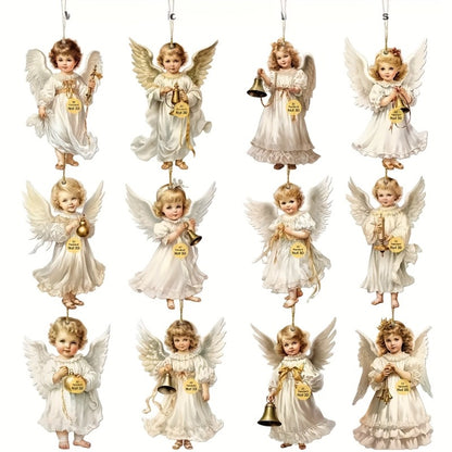 12pcs/24pcs Victorian Style Angel Ornaments - Serene White Angels with Golden Bells and Ribbons, Perfect for Home, Window, Fireplace, and Party Decorations, Festive Spring and Country Style, Ideal Celebration and Party Gift,