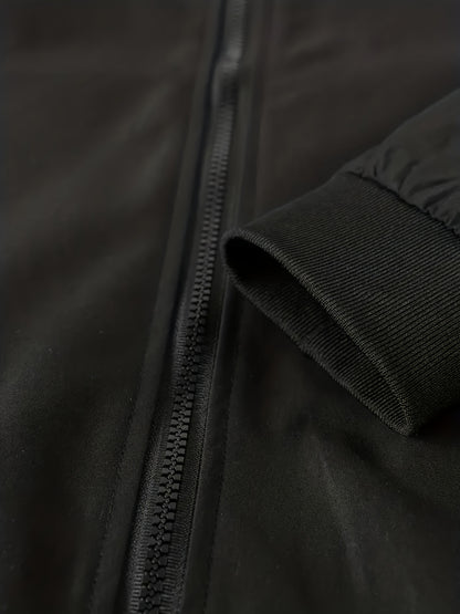 1pc Men'S Casual Stand Collar Bomber Jacket, Solid Color Long Sleeve Non-Stretch Woven Acetate with Pockets, Polyester Lined Zip-Up Lightweight Outerwear for Spring/Fall