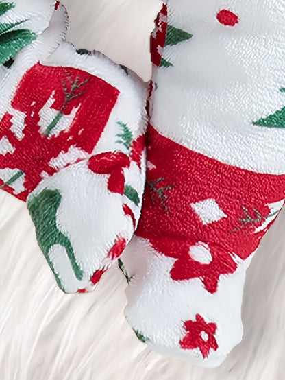 1pc Girls' Winter Warm Hooded Plush Outfit - Soft Long Sleeve Romper with Deer & Tree Pattern, Cozy Fleece Lined Leggings, Red & Green Holiday Design, for Outdoor, Christmas, New Year - Machine Washable, Perfect For Outdoor