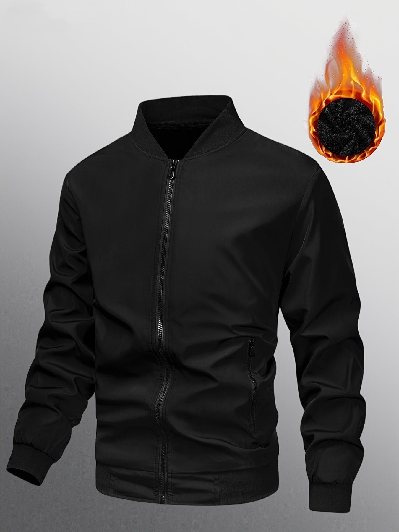 Men's Thermal Bomber Jacket - Heavyweight Winter Coat with Zippered Pocket, Casual Black Jacket, Polyester Outerwear for Men, Ideal for Aviation & Everyday Use, Casual Jacket For Men, Lightweight Jacket For Men, Winter Clothe