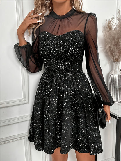 Elegant A-Line Dress with Mesh Panel & Stand Collar - Semi-Sheer Mid-Length Long Sleeve Dress for Parties, Weddings, Christmas, Beer Festivals - Non-Stretch Formal Attire (Stand Collar A-Line Dress)