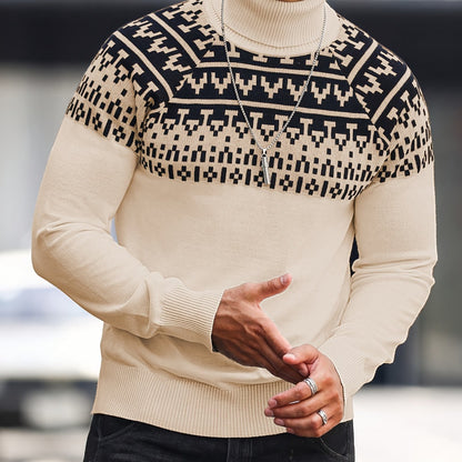 Տղամարդու երկրաչափական գրաֆիկական նախշերով տրիկոտաժե սվիտեր, աշնանային ձմեռային երկար թևքով կրիայով վզնոցով, բացօթյա հագուստի համար