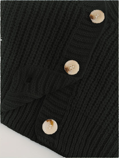 Elegant Drop Shoulder Women's Knit Cardigan with Contrasting Buttons - Long Sleeve, Ribbed Detail, Polyester, Perfect for Fall/Winter