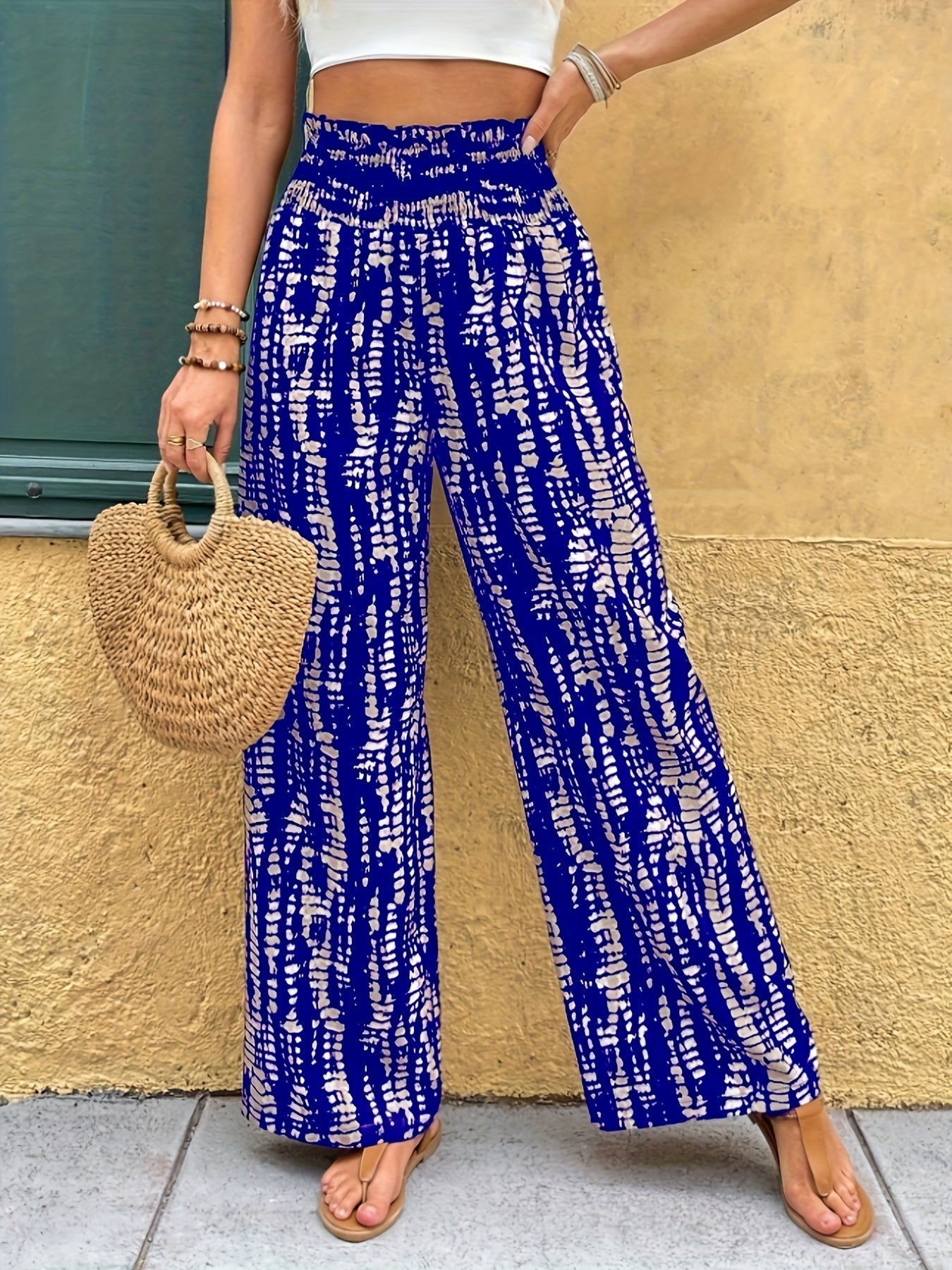 Women's High-Waisted Wide-Leg Printed Trousers for Spring/Summer
