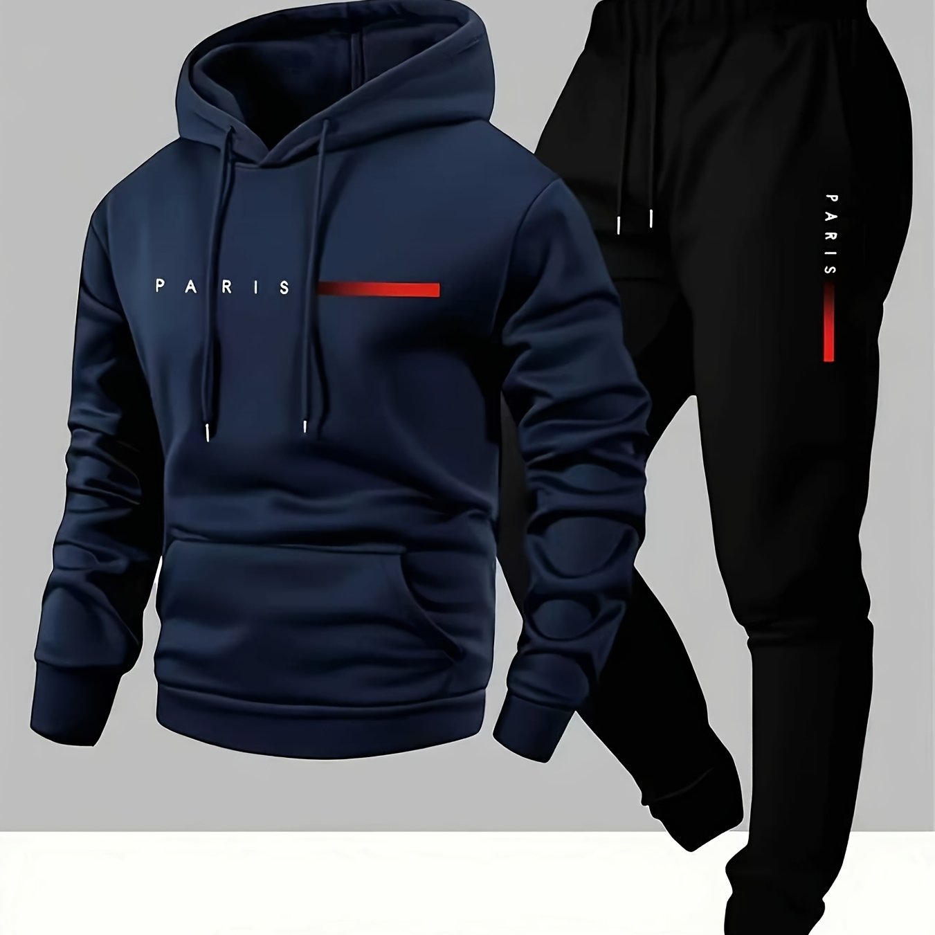 Halloween Men'S Hoodie with PARIS Lettering And Drawstring Sweatpants Set, a Must-Have Outfit for Autumn And Winter, Perfect for Everyday Outdoor Wear - ayq