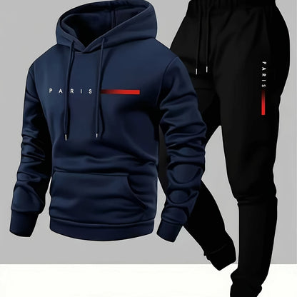 Halloween Men'S Hoodie with PARIS Lettering And Drawstring Sweatpants Set, a Must-Have Outfit for Autumn And Winter, Perfect for Everyday Outdoor Wear - ayq