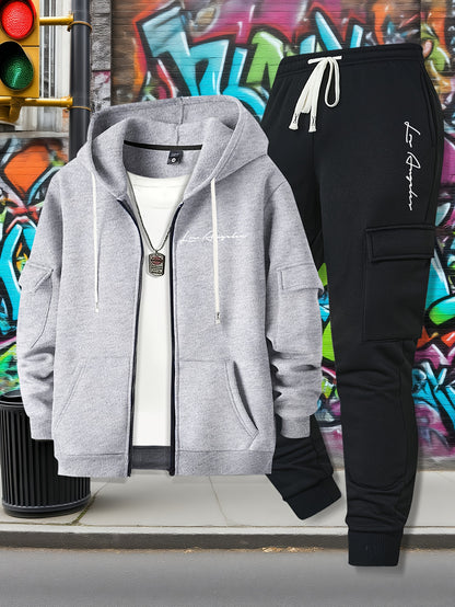 Men's Casual Zip Hoodie and Loose Cargo Pants Set - Breathable Polyest