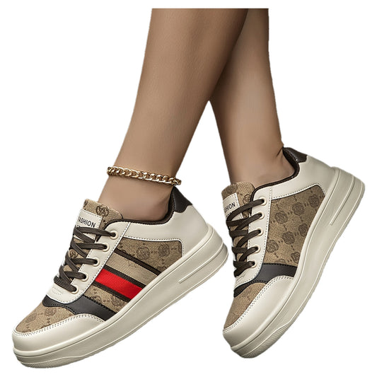 Women's Color-Block Striped Patchwork Skate Sneakers with Letter Pattern - Synthetic Cover  Fabric Upper, EVA Cushioned Sole, Round Toe Lace-Up Casual Shoes for Outdoor Sports  Casual Attire, Skate Shoes, Lifestyle, Sporty
