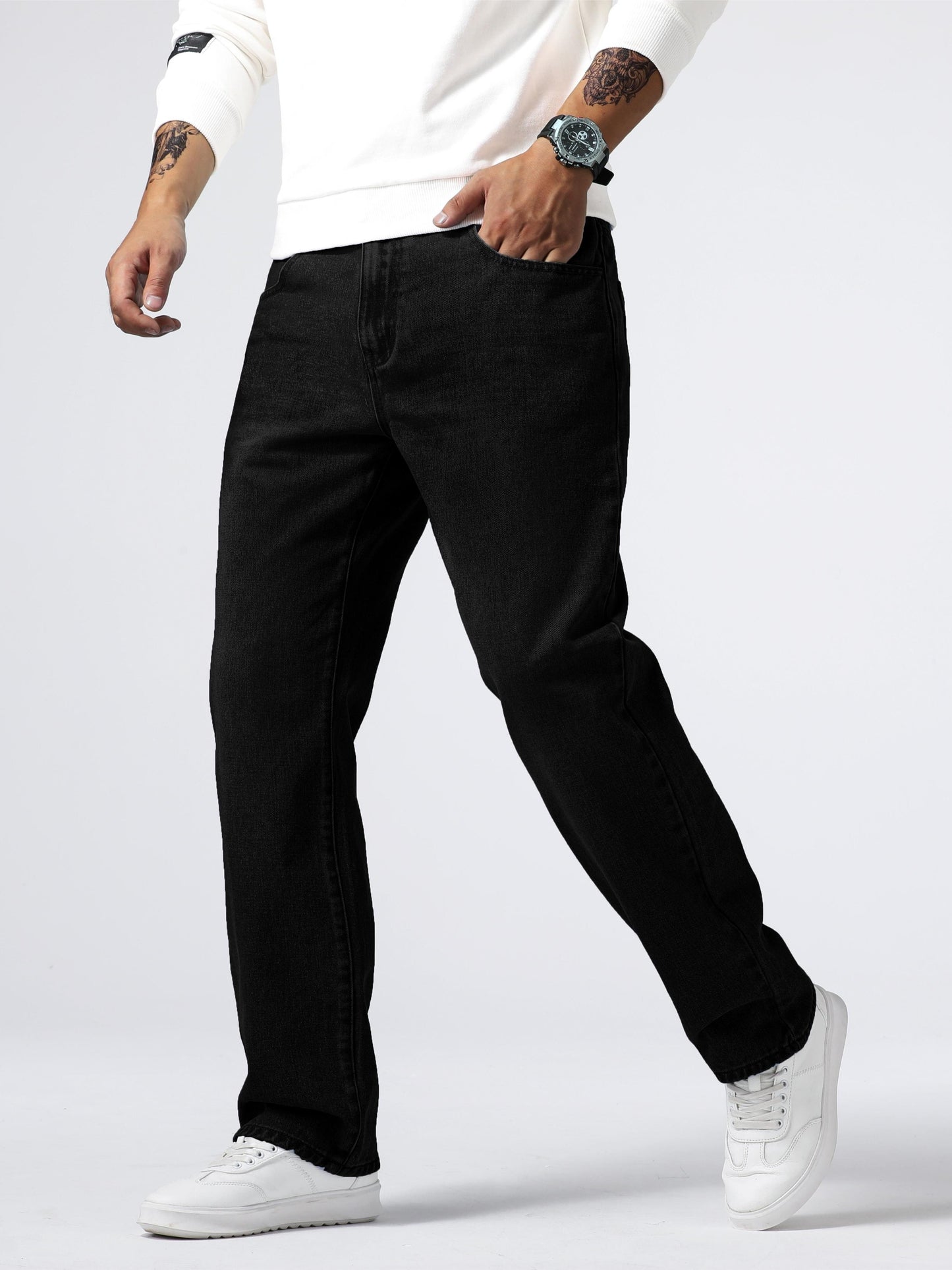 Loose Fit Straight Leg Jeans, Men's Casual Street Style Distressed Denim Pants For All Seasons