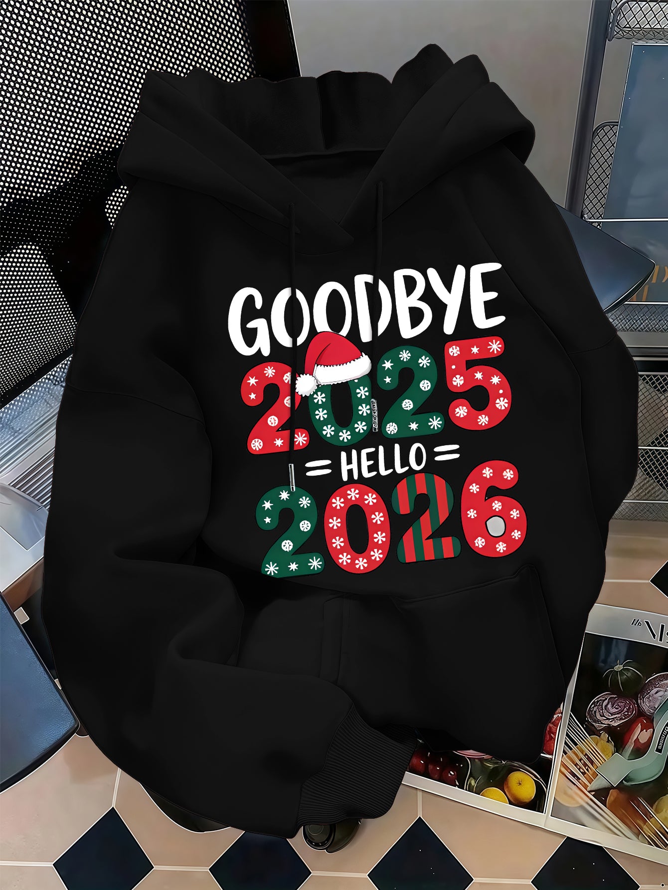 Men's 2025 New Year Red Hooded Sweatshirt - Christmas & New Year's Eve Party Sweater with Goodbye 2024/ 2025 Print, Snowflakes & Santa Hats, Machine Washable Winter Pullover for Holiday Celebrations