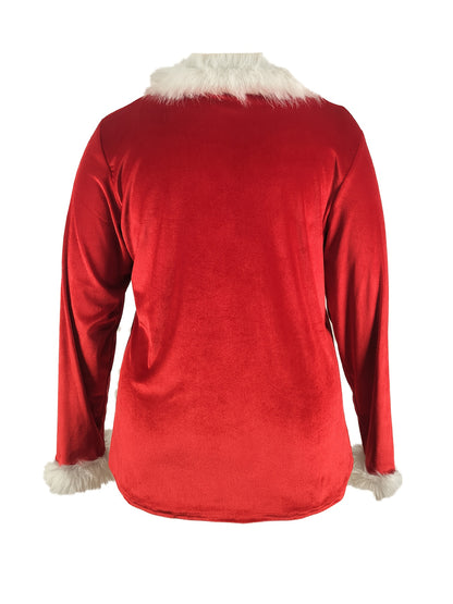 Plus Size - Plus Size - Plus Size, Women'S Elegant Plus Size Christmas Sweater - Long Sleeve Round Neck Winter Warmth with Collar Trim, Stretchy Fabric for Holiday Parties & Casual Attire, Red & Contrast Collar, Ladies Christ