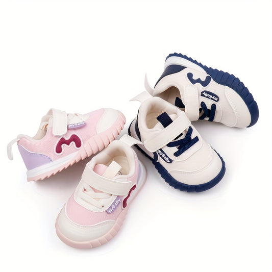 Trendy Design | Breathable Mesh & Non-Slip Sole Sneakers for Youngsters - Stylish Pink & Blue Low-Top Walking Shoes with "Mama Needs Coffee" Patch, Perfect for Spring & Summer Outings