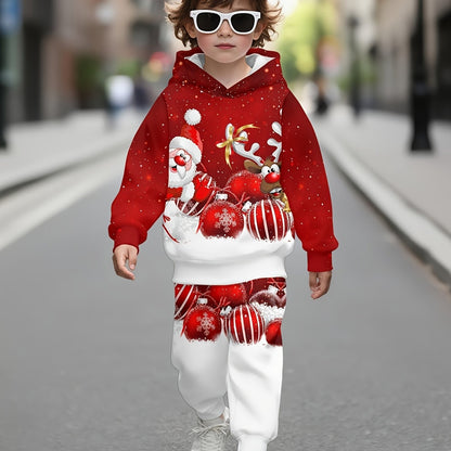 Գարնանային և աշնանային տղաների համար նախատեսված գլխարկով սվիտերի 2 հատանոց հավաքածու, կարմիր և սպիտակ պոլկա ամանորյա զով 3D նվերի նախշ, համապատասխան վերնաշապիկ և վազորդ, հարմար է դրսի և ներքին օգտագործման համար