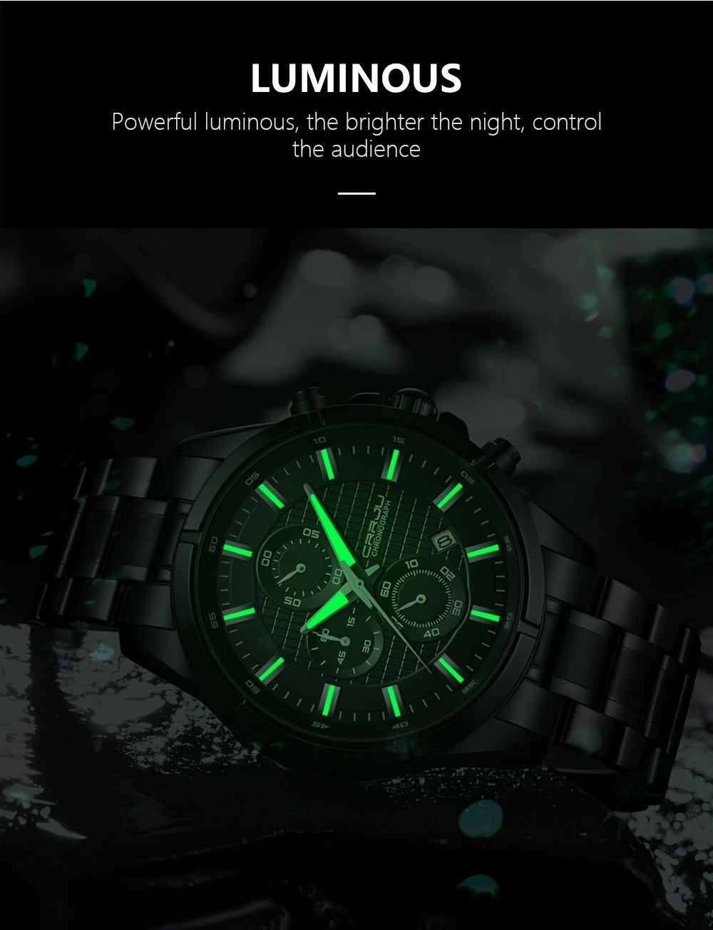 CRRJU Fashion Men's Watch, Business Solid Stainless Steel Multifunctional Chronograph Watch