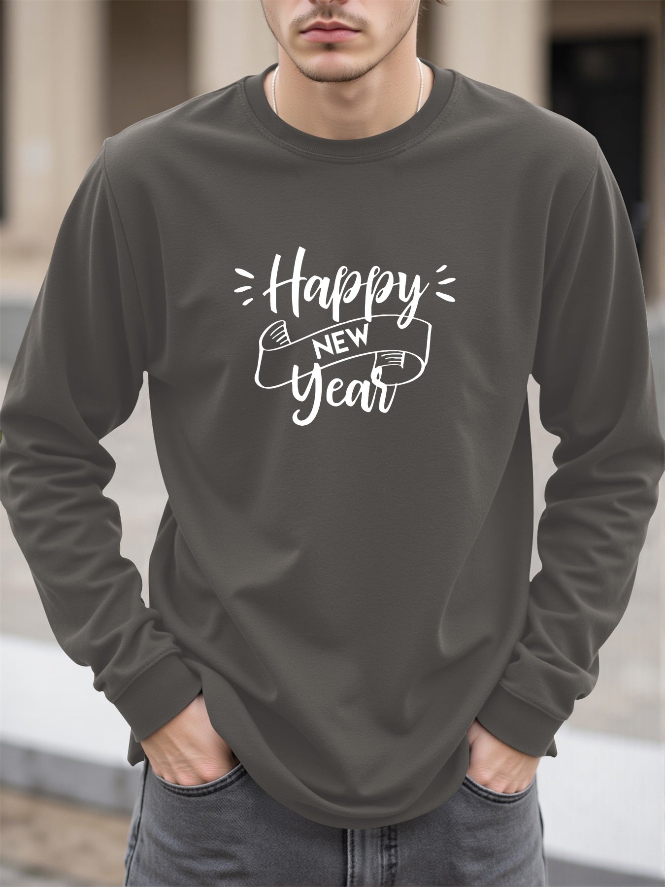 Men'S Happy New Year Graphic T-Shirt - Casual Long Sleeve Crew Neck, White with Black Lettering & Festive Design, Loose Fit for Spring/Fall, Perfect for Casual Attire, Festive Clothing | Festive Graphic Tee | Comfortable Fit