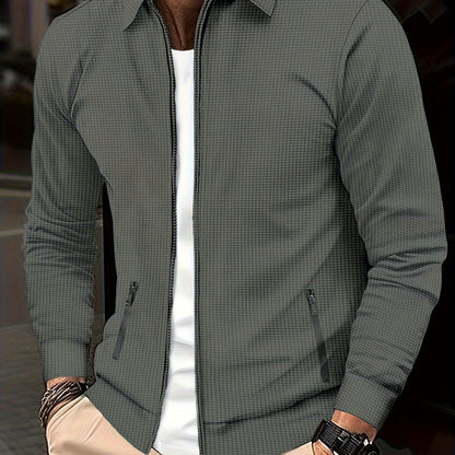 1pc Men'S Casual Polyester Zip-Up Jacket with Lapel Collar, Solid Color, Slight Stretch, Woven Fabric, Regular Fit, No Lining - Spring/Fall Outerwear