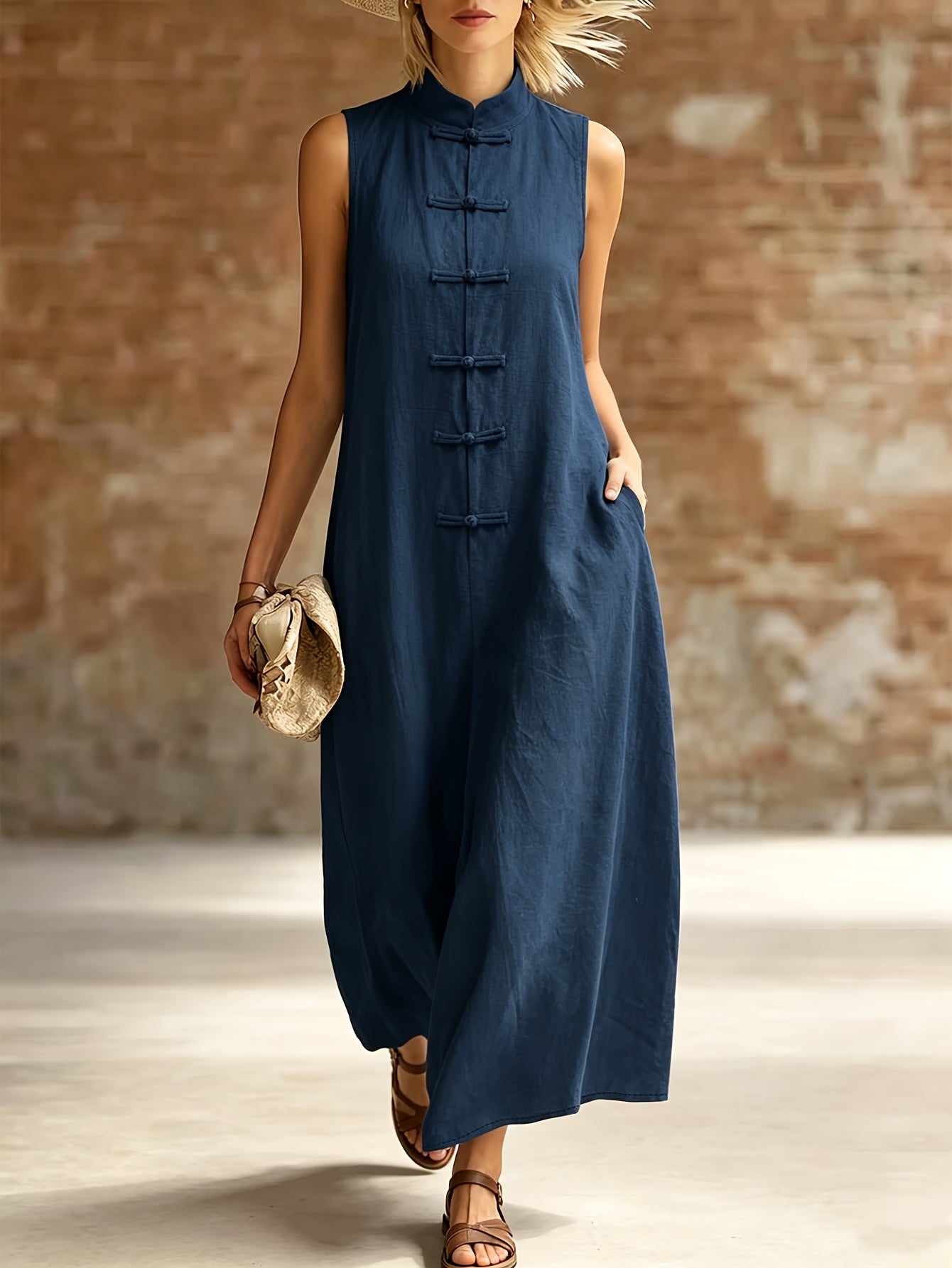 Women’s Sleeveless Stand Collar Cotton Dress for Summer
