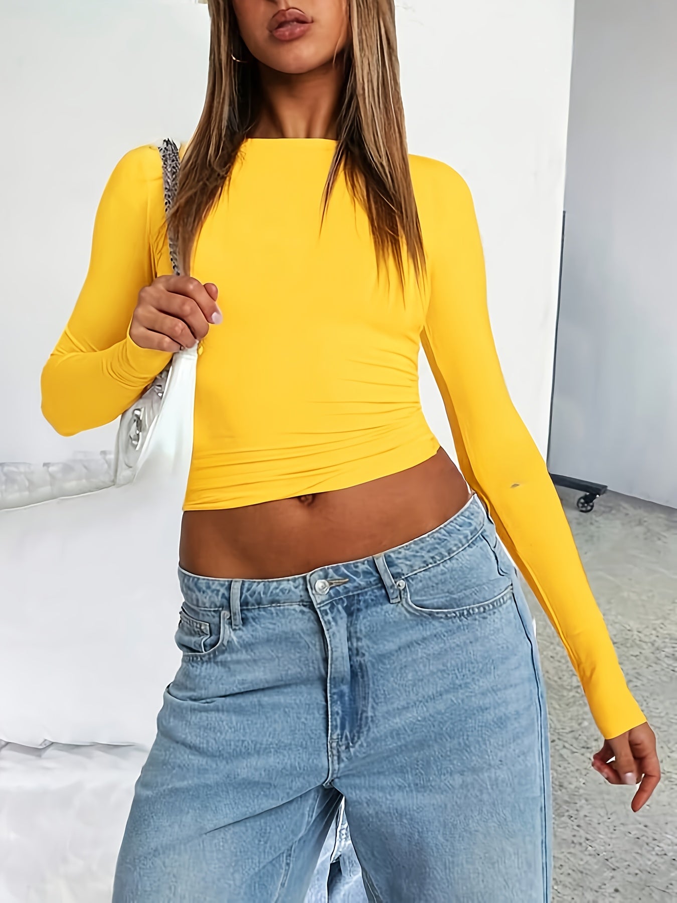 Women's Y2K Style Solid Color Crew Neck Long Sleeve T-Shirt, Polyester Knit Fabric, Skinny Fit, Short Length Pullover for Spring/Fall, Ladies T Shirts