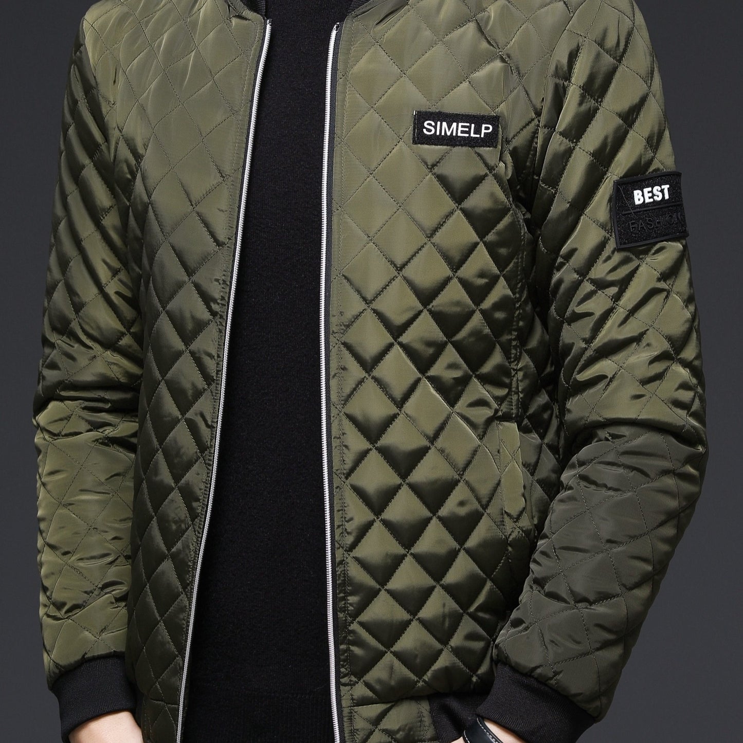 Men's Casual Quilted Zip Up Jacket, Chic Baseball Collar Jacket For Fall Winter