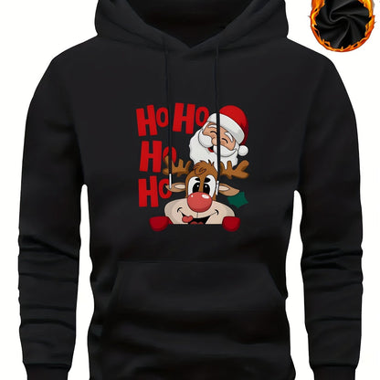 Men's Christmas Hooded Sweatshirt with Rudolph & Santa Print - Thickened Winter Pullover Hoodie, Warm Long Sleeve Casual Sweater for Skiing, Parties, Team Events - Machine Washable (Couple Matching, Unisex Style)