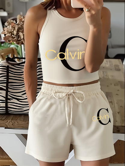 Women's Casual Two-Piece Set with Graphic Print Vest & Shorts