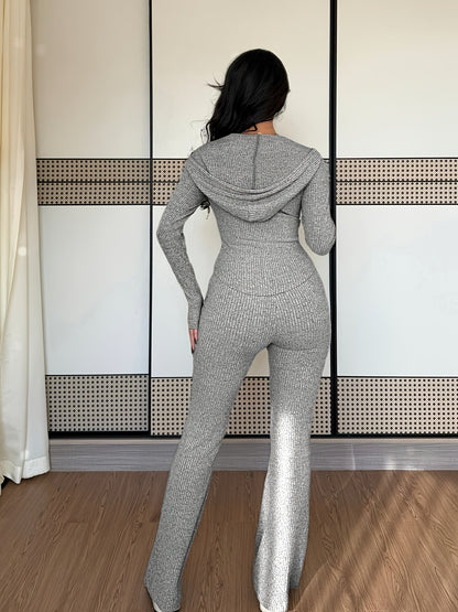 Women's Casual Two-Piece Set with Pockets Hooded Zip-Up Waist Jacket and Ribbed Flared Pants - ayq